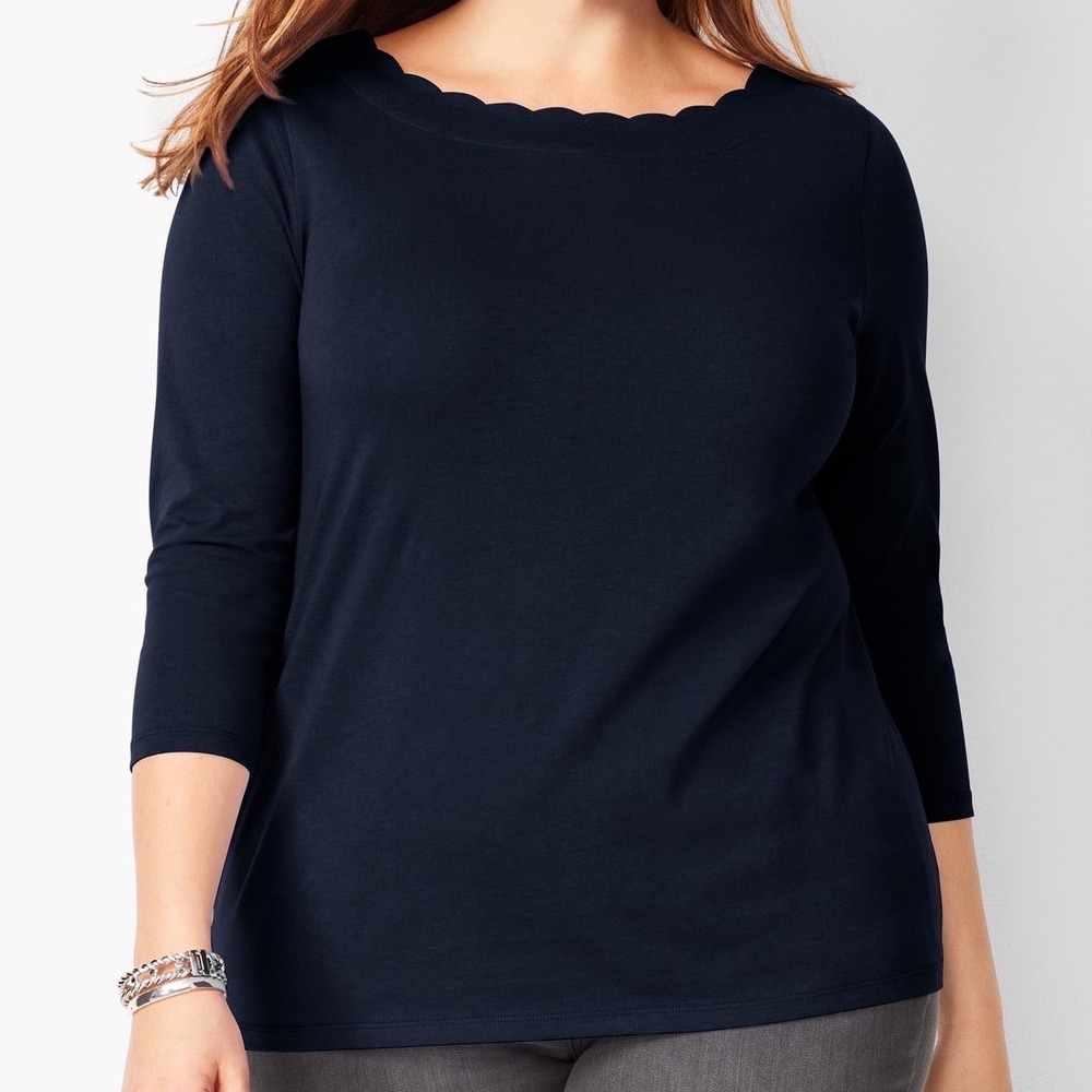 Talbots Sweater 3X Navy Blue Classic Preppy Scalloped Neck Merino Wool